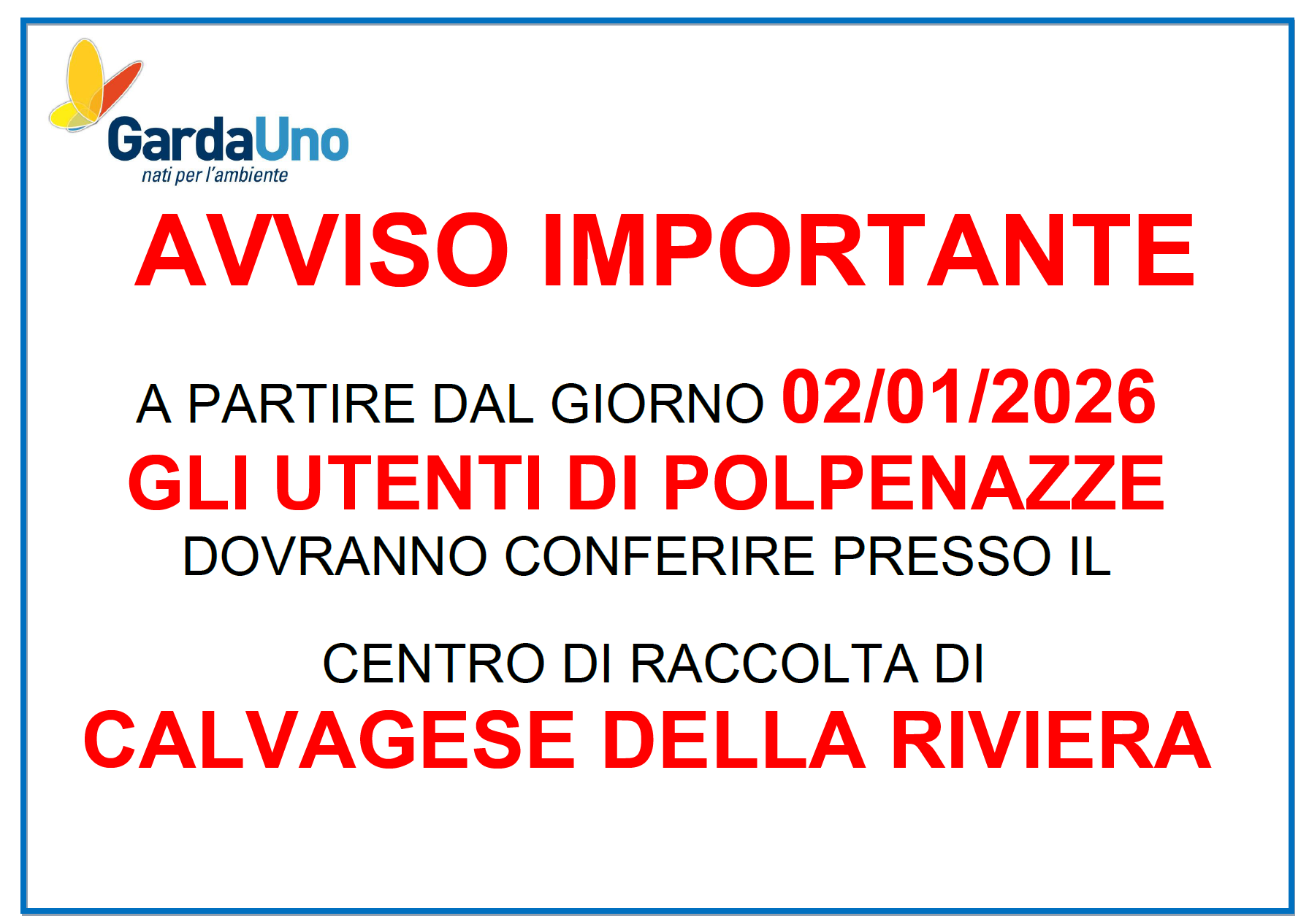 Polpenazze: dal 02 gennaio il conferimento torna al Centro di Raccolta di Calvagese